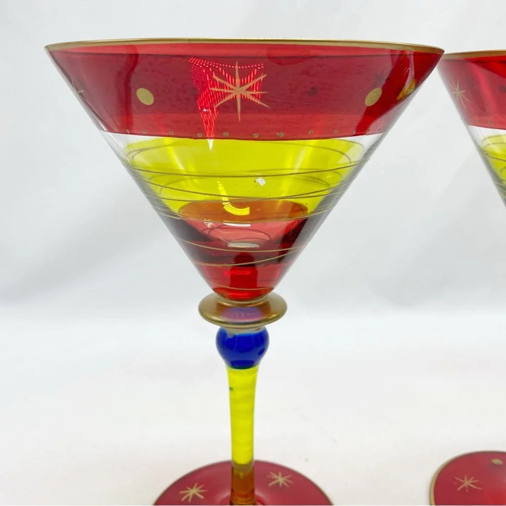 Vintage Pier One Martini Glasses Festive Red Star Dot Pattern Set of 2